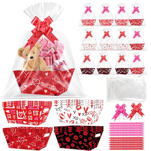 CUUSNNY 12 Set Valentines Day Gift Basket Empty, Love Heart Valentines Baskets Cardboard Box with Cellophane Bags and Ribbons for Gift Giving, Wedding, Anniversary Decor (red) - Image 1