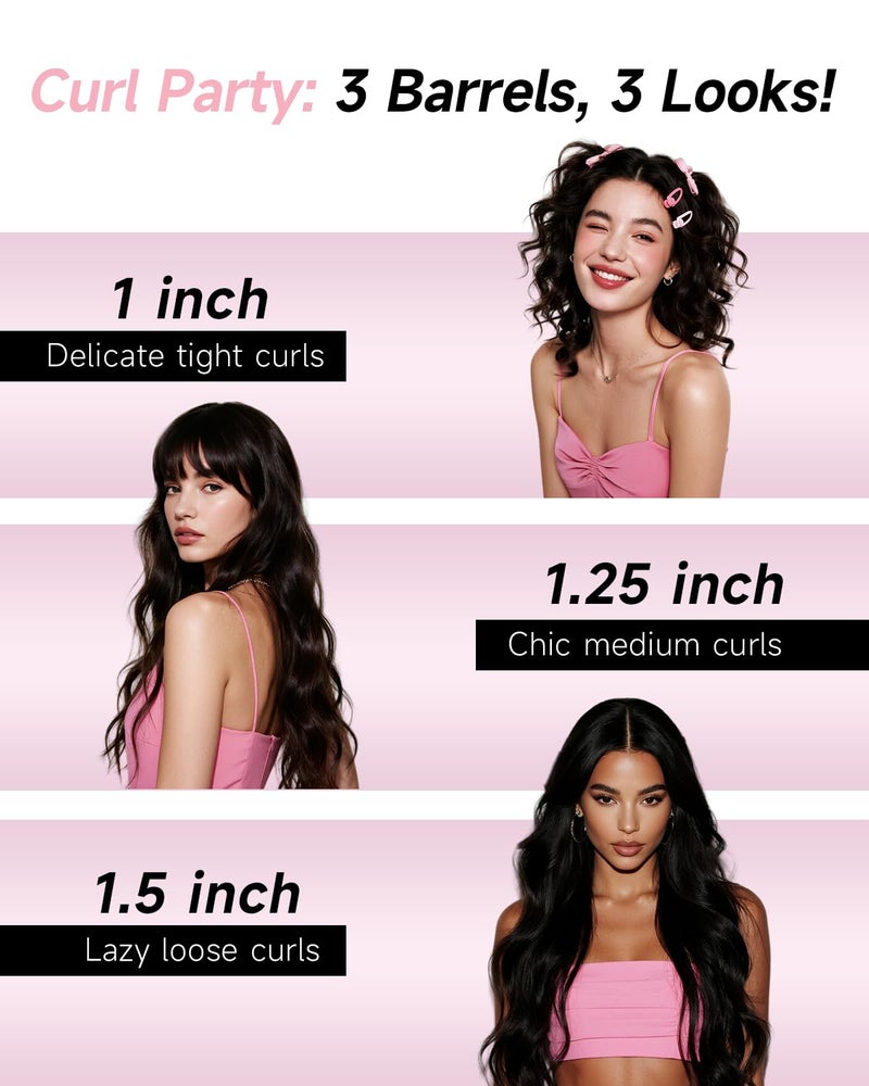 TSUYAGLA 3 in 1 Automatic Curling Iron, Hair Curlers with 3 Curling Barrels (1" - 1.25" - 1.5"), Rotating Curling Iron with 3 Temp, 2-Way Rotation, 10S Fast Heating, Anti-Scald, Dual Voltage, Pink - Image 2