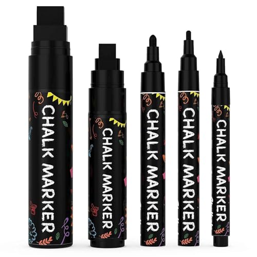 Chalkola 5 Black Chalkboard Chalk Markers - Black Dry Erase Markers for Blackboard, Chalkboard Signs, Windows, Glass | Variety Pack - Fine & Jumbo Size Ink Pen (1mm, 3mm, 6mm, 10mm, 15mm) - Image 1