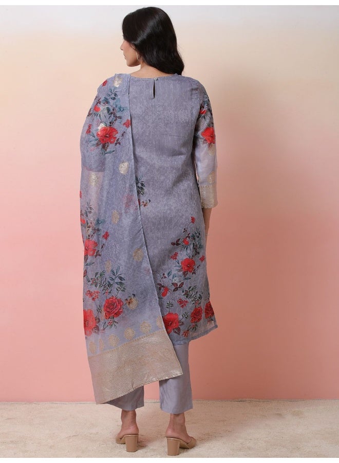 AKS Floral Printed Straight Kurta & Trousers With Dupatta - Image 3