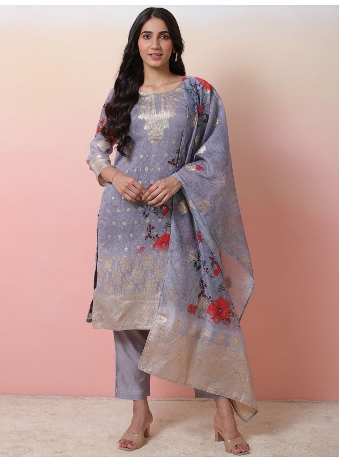 AKS Floral Printed Straight Kurta & Trousers With Dupatta - Image 5