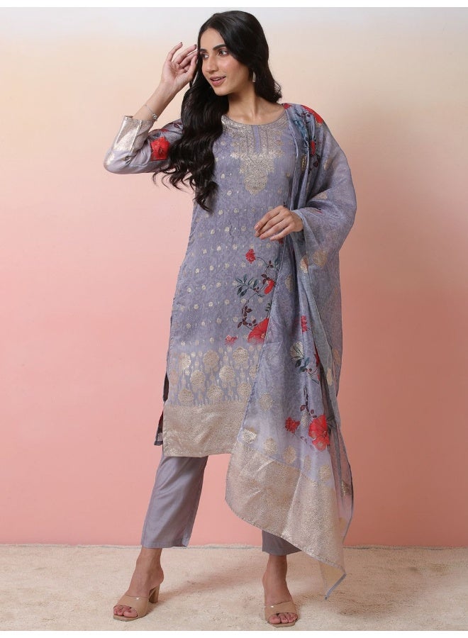 AKS Floral Printed Straight Kurta & Trousers With Dupatta - Image 1