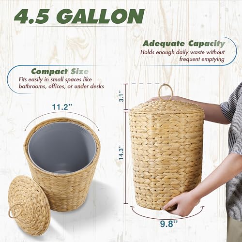 BLUEWEST 4.5 Gallons Wicker Trash Can with Lid and Removable Liner, Wicker Rattan Bathroom Trash Can, Large Woven Bin for Office, Hyacinth Waste Basket for Bedroom, Living Room, Kitchen - Image 2