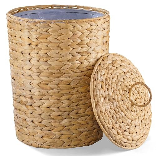 BLUEWEST 4.5 Gallons Wicker Trash Can with Lid and Removable Liner, Wicker Rattan Bathroom Trash Can, Large Woven Bin for Office, Hyacinth Waste Basket for Bedroom, Living Room, Kitchen - Image 1