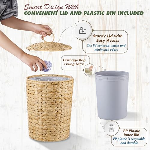 BLUEWEST 4.5 Gallons Wicker Trash Can with Lid and Removable Liner, Wicker Rattan Bathroom Trash Can, Large Woven Bin for Office, Hyacinth Waste Basket for Bedroom, Living Room, Kitchen - Image 3