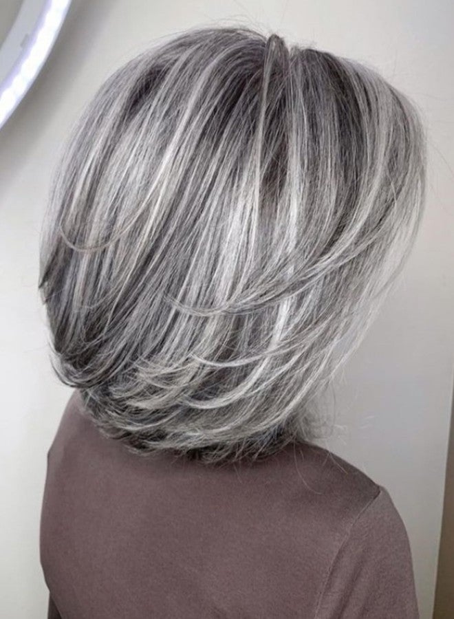 RENERSHOW Short Grey Bob Wig with Curtain Bangs for White Women Chin Length Gray Highlight Wigs Synthetic Natural Look Salt N Pepper Wig - Image 1