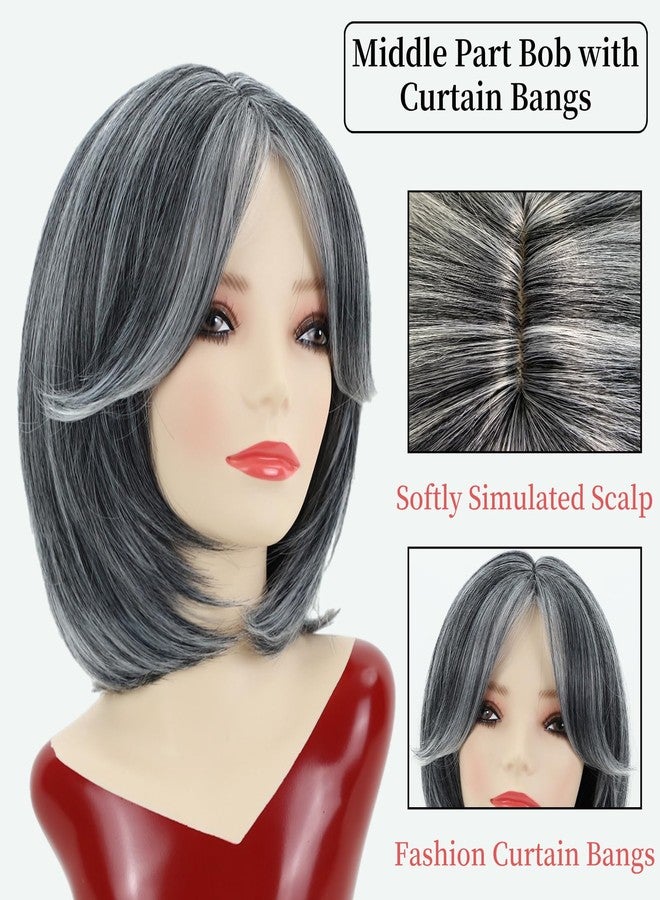 RENERSHOW Short Grey Bob Wig with Curtain Bangs for White Women Chin Length Gray Highlight Wigs Synthetic Natural Look Salt N Pepper Wig - Image 4