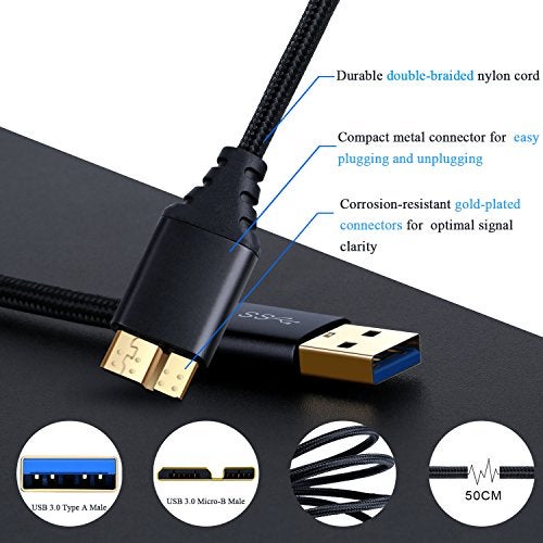 Besgoods Micro USB 3.0 Cable - 1.5 ft/50cm Short USB Type A Male to Micro B Cable Braided Cord for External Hard Drive, Samsung Galaxy S5, Galaxy Note 3-2Pack, Black - Image 4