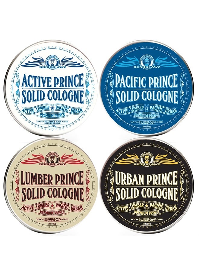 BushKlawz Premium Prince Solid Cologne 1 oz Variety Gift Set Alcohol Free Natural Concentrated Full Size Travel Friendly Tins Men's Fragrance 4 Manly Scents to Satisfy all Types of Viking Cannon Black Prime - Image 1