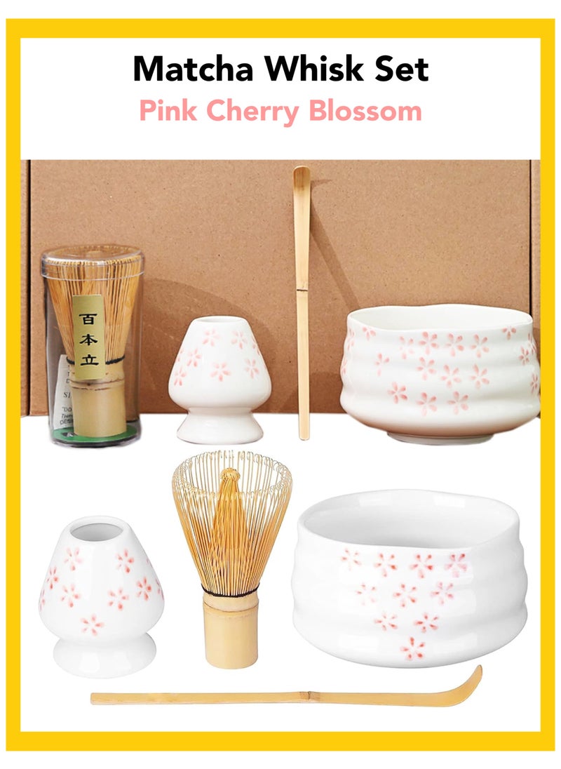 Oasis Casa - 4Pcs Matcha Tea Whisk Set, Japanese Matcha Tea Kit, Traditonal Matcha Ceremony Teaware Including Ceramic Bowl, Bamboo Tea Scoop, Bamboo Whisk, Ceramic Whisk Holder (Cherry Blossom) - Image 1