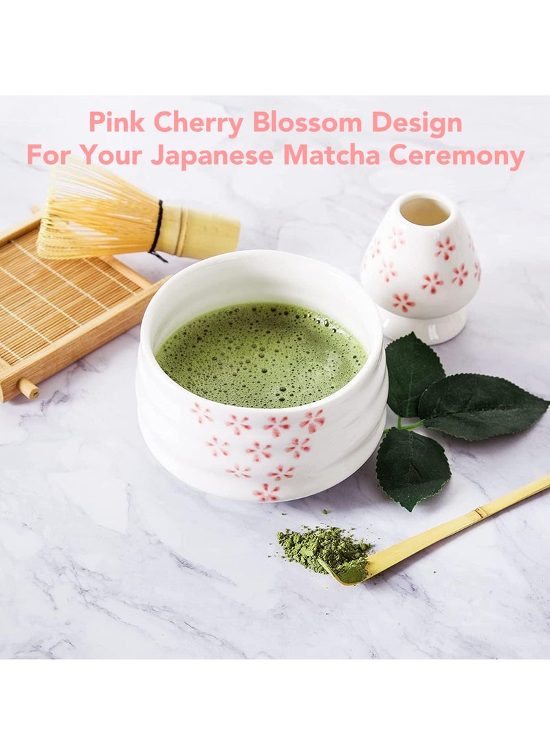 Oasis Casa - 4Pcs Matcha Tea Whisk Set, Japanese Matcha Tea Kit, Traditonal Matcha Ceremony Teaware Including Ceramic Bowl, Bamboo Tea Scoop, Bamboo Whisk, Ceramic Whisk Holder (Cherry Blossom) - Image 1