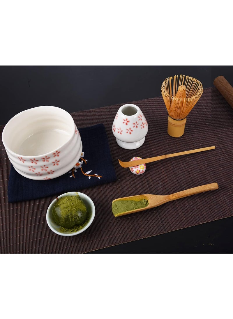 Oasis Casa - 4Pcs Matcha Tea Whisk Set, Japanese Matcha Tea Kit, Traditonal Matcha Ceremony Teaware Including Ceramic Bowl, Bamboo Tea Scoop, Bamboo Whisk, Ceramic Whisk Holder (Cherry Blossom) - Image 1