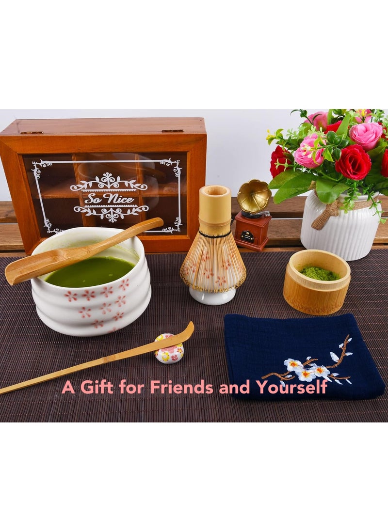 Oasis Casa - 4Pcs Matcha Tea Whisk Set, Japanese Matcha Tea Kit, Traditonal Matcha Ceremony Teaware Including Ceramic Bowl, Bamboo Tea Scoop, Bamboo Whisk, Ceramic Whisk Holder (Cherry Blossom) - Image 1