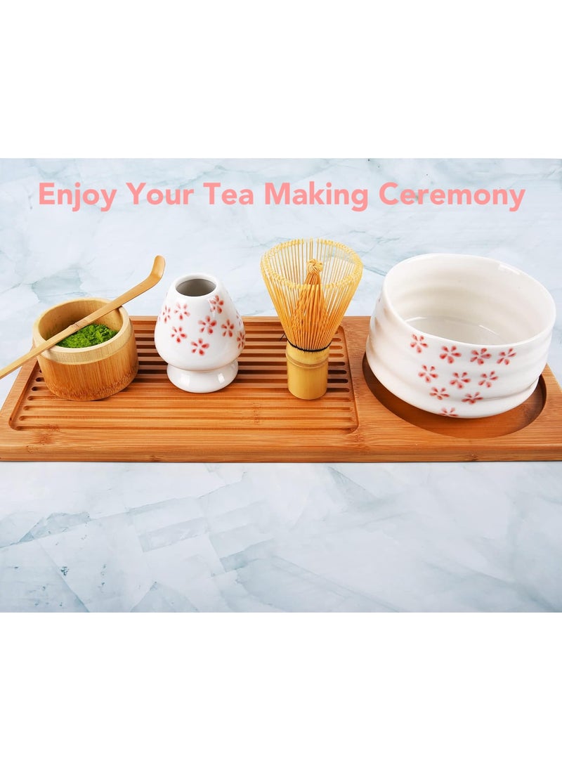 Oasis Casa - 4Pcs Matcha Tea Whisk Set, Japanese Matcha Tea Kit, Traditonal Matcha Ceremony Teaware Including Ceramic Bowl, Bamboo Tea Scoop, Bamboo Whisk, Ceramic Whisk Holder (Cherry Blossom) - Image 1