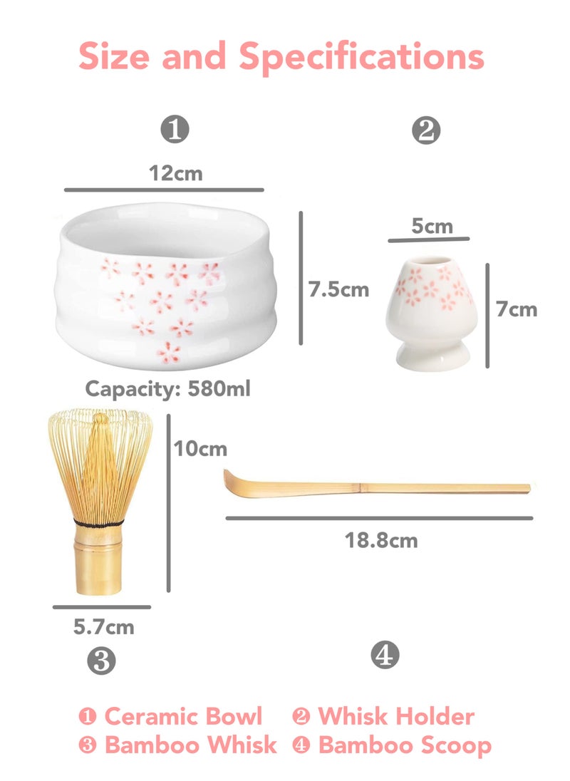 Oasis Casa - 4Pcs Matcha Tea Whisk Set, Japanese Matcha Tea Kit, Traditonal Matcha Ceremony Teaware Including Ceramic Bowl, Bamboo Tea Scoop, Bamboo Whisk, Ceramic Whisk Holder (Cherry Blossom) - Image 1