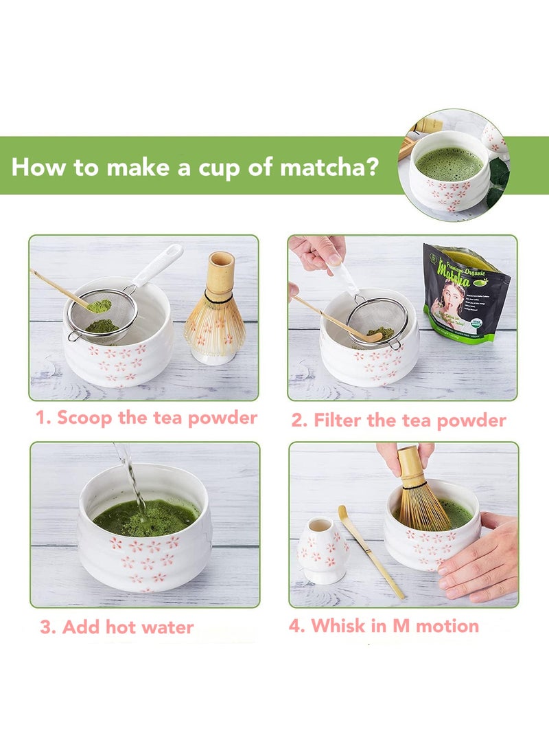 Oasis Casa - 4Pcs Matcha Tea Whisk Set, Japanese Matcha Tea Kit, Traditonal Matcha Ceremony Teaware Including Ceramic Bowl, Bamboo Tea Scoop, Bamboo Whisk, Ceramic Whisk Holder (Cherry Blossom) - Image 1