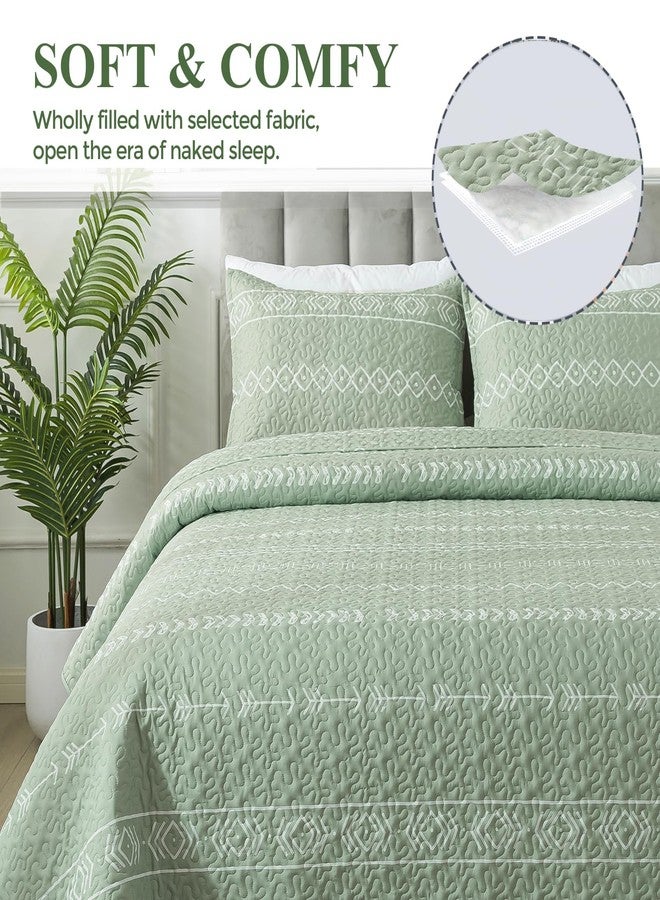 Andency Sage Green Quilt Set Queen (90x96 Inch), 3 Pieces(1 Striped Triangle Printed Quilt and 2 Pillowcases), Bohemian Summer Lightweight Reversible Microfiber Bedspread Coverlet Sets - Image 4