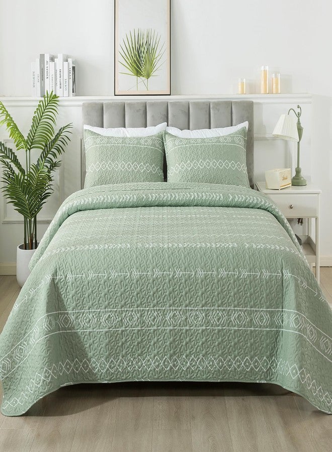 Andency Sage Green Quilt Set Queen (90x96 Inch), 3 Pieces(1 Striped Triangle Printed Quilt and 2 Pillowcases), Bohemian Summer Lightweight Reversible Microfiber Bedspread Coverlet Sets - Image 1