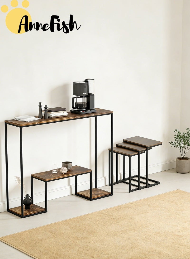 آن فش طقم أثاث مكون من 3 طبقات (120 × 30 × 80 سم) - طاولة كونسول مع رف تخزين وطاولة مدخل، بالإضافة إلى 3 طاولات قهوة جانبية على شكل حرف C. مناسب لغرف النوم، طاولة جانبية متداخلة، طاولة قهوة صغيرة، وطاولة أريكة بإطار معدني. - Image 2