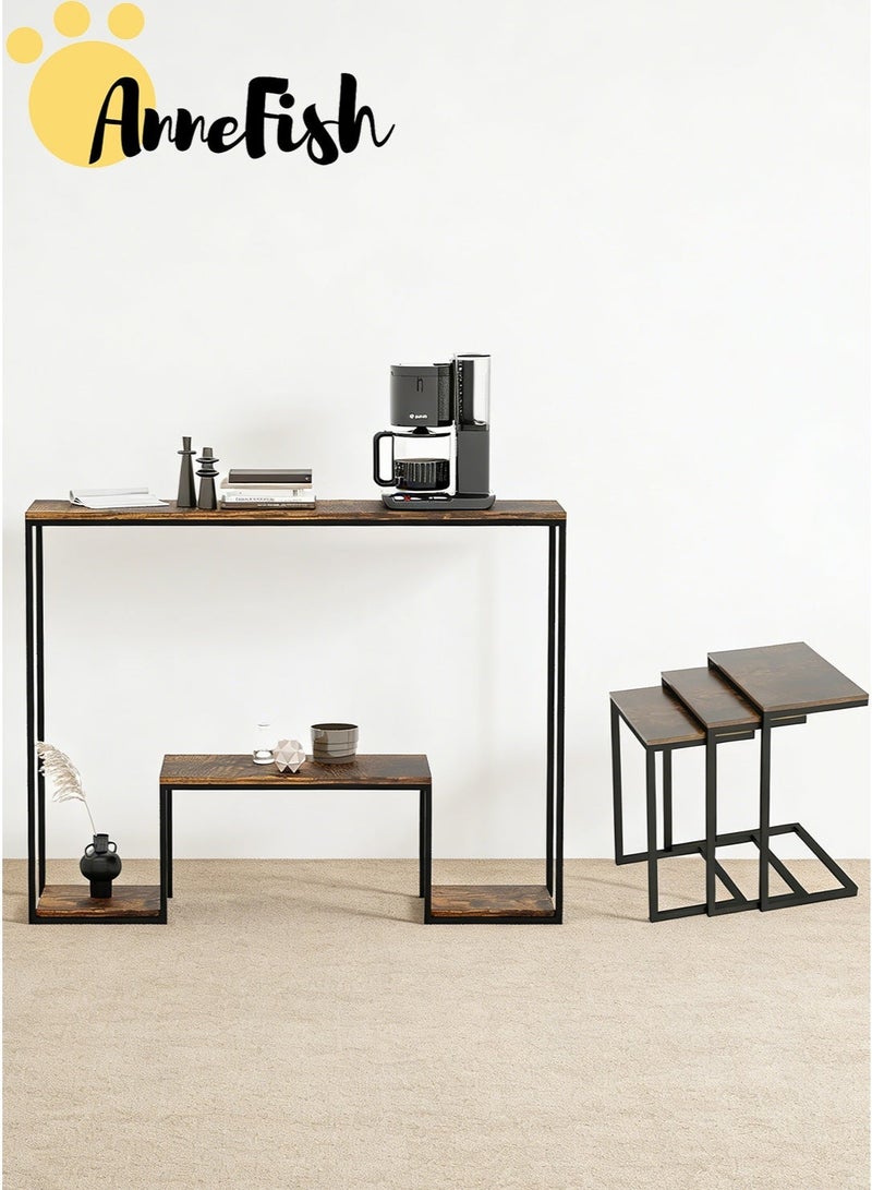 آن فش طقم أثاث مكون من 3 طبقات (120 × 30 × 80 سم) - طاولة كونسول مع رف تخزين وطاولة مدخل، بالإضافة إلى 3 طاولات قهوة جانبية على شكل حرف C. مناسب لغرف النوم، طاولة جانبية متداخلة، طاولة قهوة صغيرة، وطاولة أريكة بإطار معدني. - Image 1