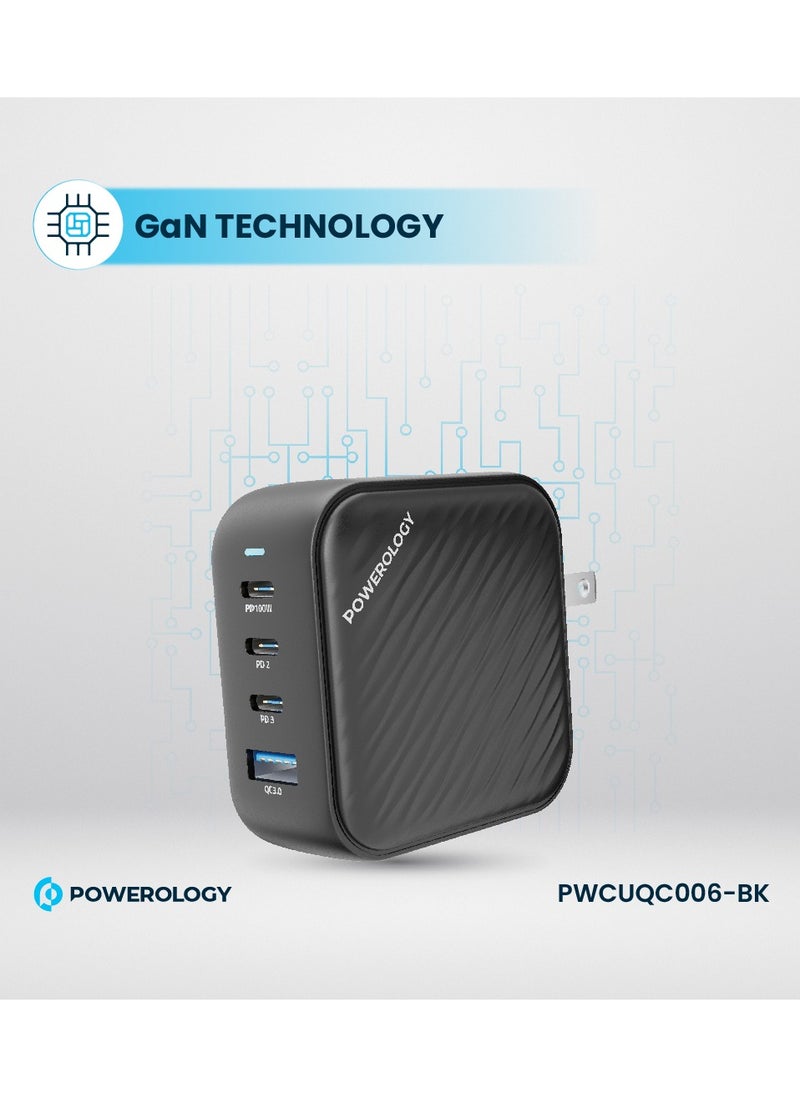 Powerology - Wall Charger with 3 Ports and 100W Power for Fast And Secure Charging / Safe and Easy to Use / World Travel Kit - Black - Image 1