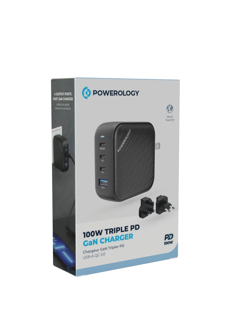 Powerology - Wall Charger with 3 Ports and 100W Power for Fast And Secure Charging / Safe and Easy to Use / World Travel Kit - Black - Image 1