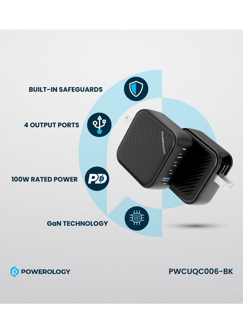 Powerology - Wall Charger with 3 Ports and 100W Power for Fast And Secure Charging / Safe and Easy to Use / World Travel Kit - Black - Image 1