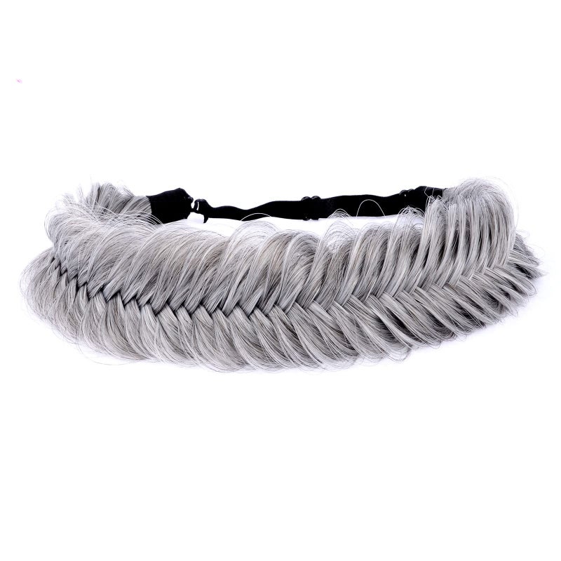 DIGUAN Wide Fishtail 2 Strands Synthetic Hair Braided Headband Classic Chunky Plaited Braids Elastic Stretch Hairpiece Women Girl Beauty accessory59g Salt and Pepper