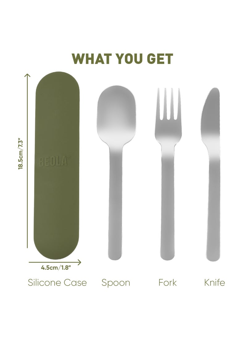BEOLA Stainless Steel Cutlery Set, Travel Utensils Set with Silicone Case Pouch, Fork Spoon Knife Camping Set, Cutlery Set for Kids School, Set of 4 (Forest Green)  - Image 2