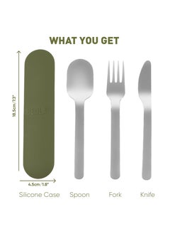BEOLA Stainless Steel Cutlery Set, Travel Utensils Set with Silicone Case Pouch, Fork Spoon Knife Camping Set, Cutlery Set for Kids School, Set of 4 (Forest Green)  - Image 2