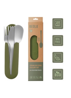 BEOLA Stainless Steel Cutlery Set, Travel Utensils Set with Silicone Case Pouch, Fork Spoon Knife Camping Set, Cutlery Set for Kids School, Set of 4 (Forest Green)  - Image 3