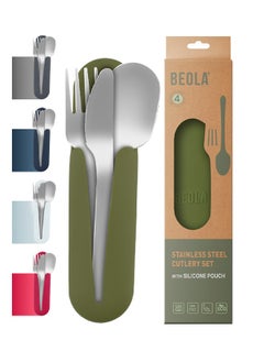 BEOLA Stainless Steel Cutlery Set, Travel Utensils Set with Silicone Case Pouch, Fork Spoon Knife Camping Set, Cutlery Set for Kids School, Set of 4 (Forest Green)  - Image 1