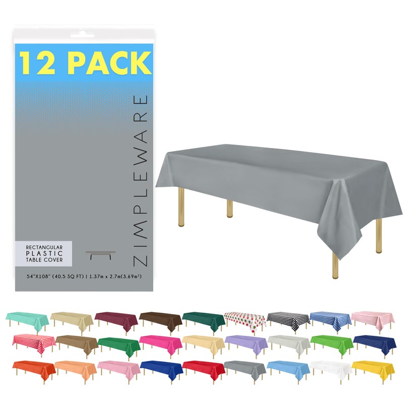 ZIMPLEWARE Premium Silver Plastic Table Cloth Disposable 12 Pk Plastic Tablecloths for Rectangle Tables 54in x 108in Party Table Cloths Disposable for 6ft to 8ft Rectangle Tables