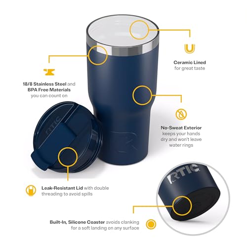 RTIC 20oz Essential Tumbler with Lid, Ceramic Lined, Insulated, Stainless Steel, Metal, Double Wall Vacuum-Insulation, Travel Cup for Iced Coffee, Tea, Hot and Cold Drink, Navy - Image 4