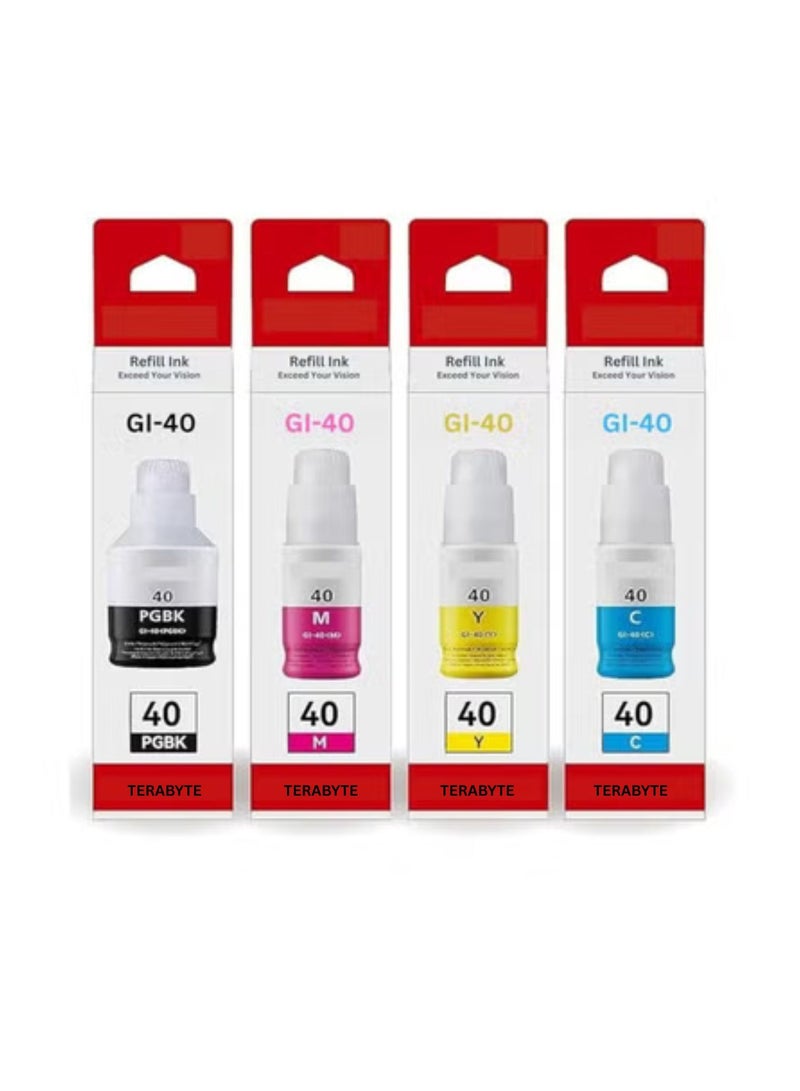 Terabyte زجاجة حبر GI-40 PGBK/C/M/Y (عبوة 4) حبر أسود صبغي أزرق سماوي أرجواني أصفر متوافقة مع GI 40 بديل زجاجة حبر متوافقة مع PIXME G6040 G5040 GM2040 G7040 GM4040 - Image 1