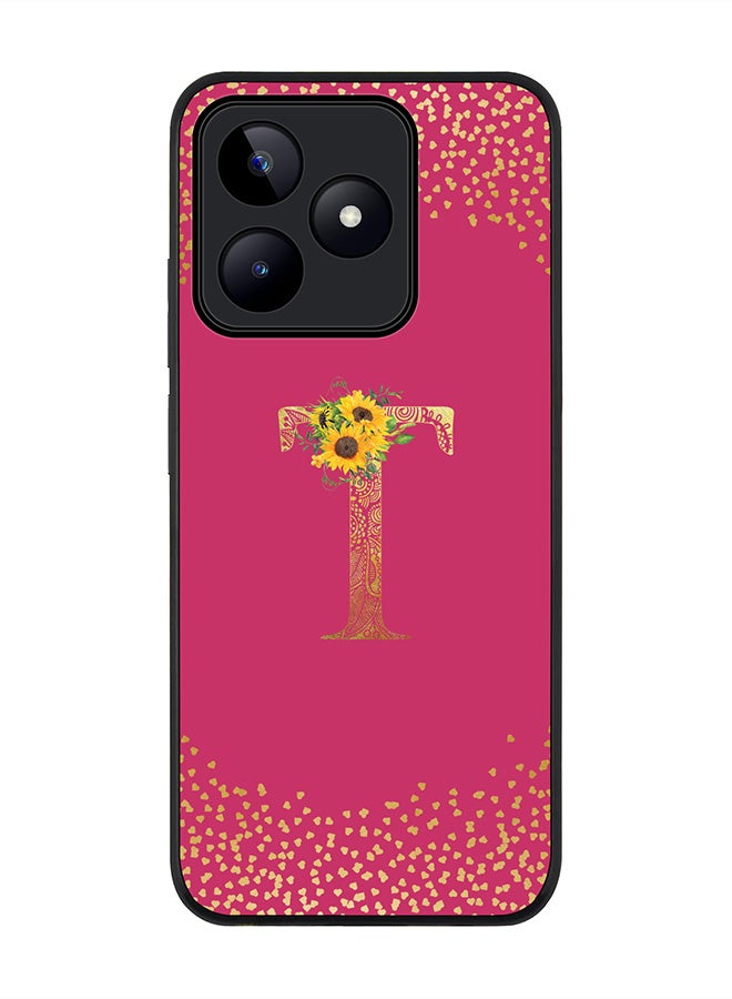 Stylizedd Rugged Black edge case for Realme C53 Case Cover- Custom Monogram Initial Letter Mandala Floral Pattern Alphabet- T (Deep Pink rose) - Image 1