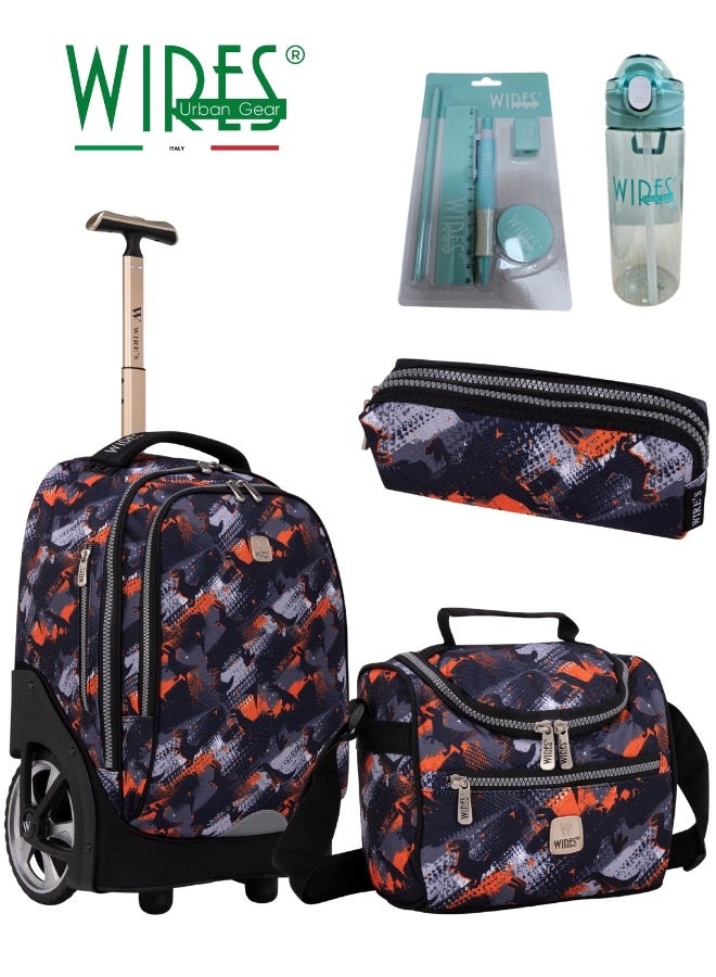 Wires 3 Piece Kids School Trolley Bag laptop compartment Big Wheels With Lunch bag u0026 Pencil Case - Image 1