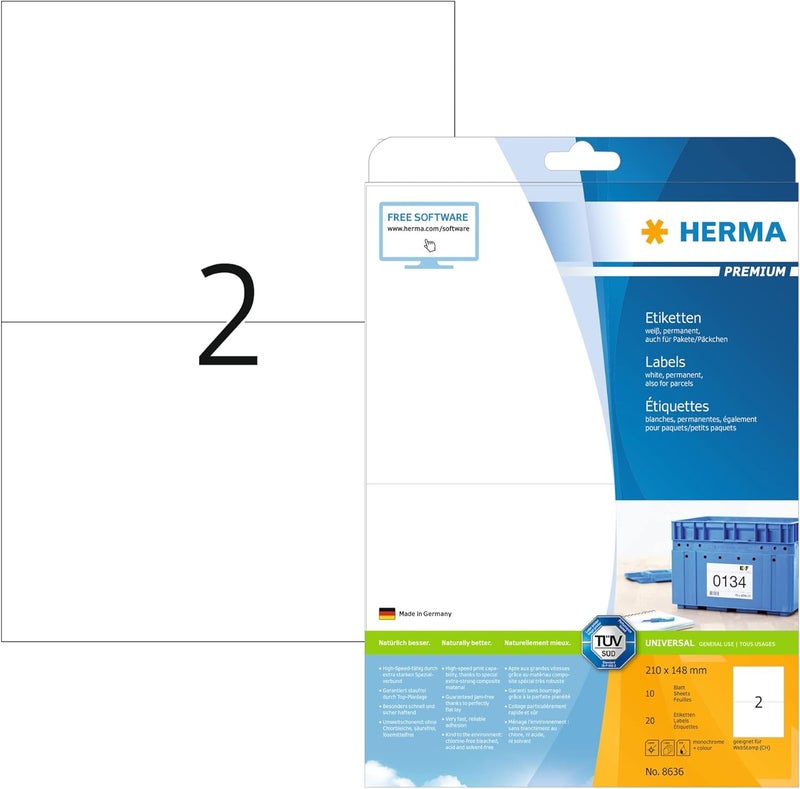 Herma Self Adhesive Multi-Purpose Labels, 2 Labels Per A4 Sheet, 20 Labels For Laser And Inkjet Printers, Large, 210 x 148 mm (8636) - Image 1