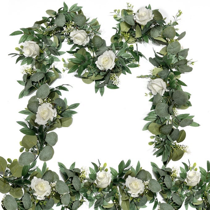 2 PACK 13FT ARTIFICIAL EUCALYPTUS FLOWER GARLAND WITH WHITE ROSES FAKE ROSE FLOWER GREENERY GARLAND FLORAL VINES FOR WEDDING HOME PARTY TABLE RUNNER DECOR WHITE