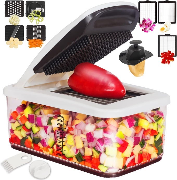 RK VEGETABLE CHOPPER SLICER ONION DICER MULTI 22IN1 VEGGIE MANDOLINE FOOD CUTTER FOR TOMATO FRUIT WITH LEMON SQUEEZER ERECIPE 11 BLADES EGG SEPARATOR SLICER CONTAINER