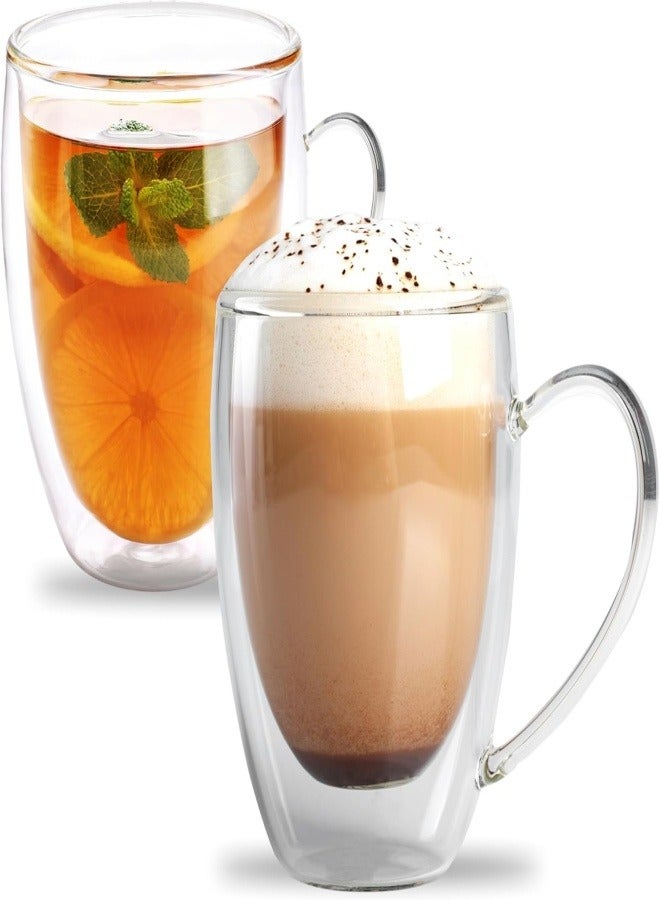 Double Walled Glass Coffee Mugs Set of 2, 350ml Clear Glass Insulated Mugs with Handle for Cappuccino, Tea, Latte, Cups, Beverage Glasses Heat Resistant  - Image 1
