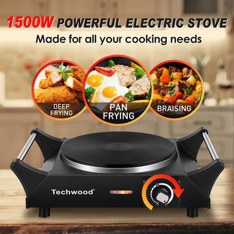 Techwood Hot Plate, Techwood Electric Stove for Cooking, 1500W Countertop Single Burner with Adjustable Temperature and Handles, 7.3â€ Cooktop for RV/Home/Camp, Compatible for All Cookwares Black - Image 2
