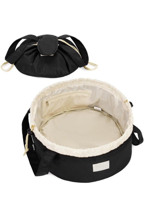 كيلا حقيبة مكياج برباط أسطواني، حقيبة مستحضرات تجميل كبيرة، منظم أدوات الزينة للنساء والفتيات لمستلزمات السفر (أسود) (براءة اختراع) - Image 1