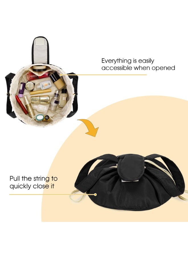 كيلا حقيبة مكياج برباط أسطواني، حقيبة مستحضرات تجميل كبيرة، منظم أدوات الزينة للنساء والفتيات لمستلزمات السفر (أسود) (براءة اختراع) - Image 3