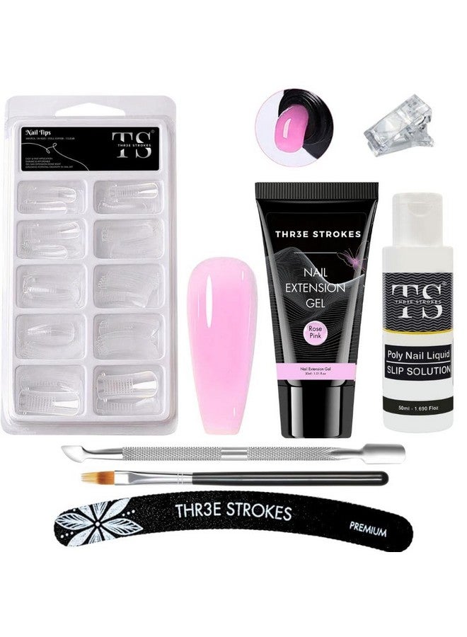 THR3E STROKES PolyGel Nail Extension Kit, Rose Pink, 30ml PolyGel, 1 Gel Brush, Cuticle Pusher, Nail File, Clip, 30ml Slip Solution - Image 1