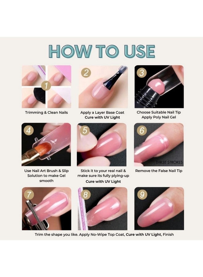 THR3E STROKES PolyGel Nail Extension Kit, Rose Pink, 30ml PolyGel, 1 Gel Brush, Cuticle Pusher, Nail File, Clip, 30ml Slip Solution - Image 4