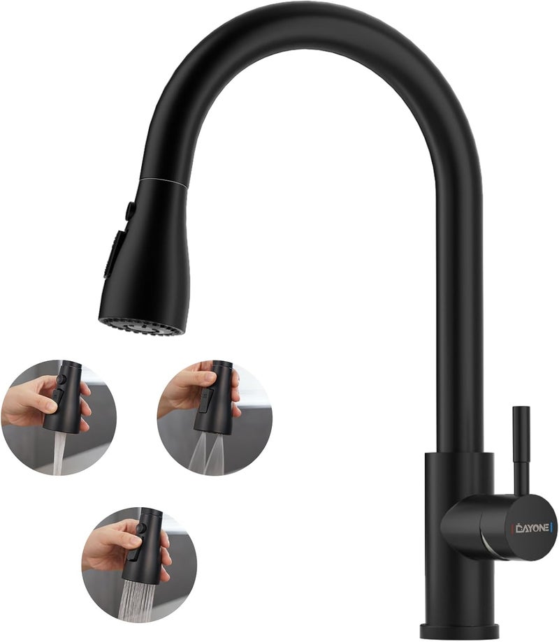 DAYONE Black Kitchen Faucet, Kitchen Sink Mixer Tap with Pull Down Sprayer Matte Black, 1 Hole Stainless Steel Kitchen Mixer 3 Modes - Image 1