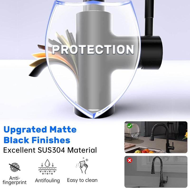 DAYONE Black Kitchen Faucet, Kitchen Sink Mixer Tap with Pull Down Sprayer Matte Black, 1 Hole Stainless Steel Kitchen Mixer 3 Modes - Image 4