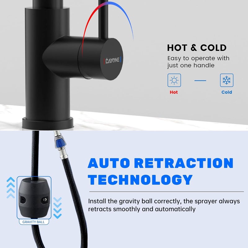 DAYONE Black Kitchen Faucet, Kitchen Sink Mixer Tap with Pull Down Sprayer Matte Black, 1 Hole Stainless Steel Kitchen Mixer 3 Modes - Image 5