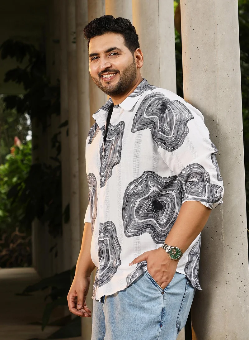 Instafab Plus  Instafab Plus Men's White & Black Contrast-Spool Jacquard Shirt | Spread Collar , Long Cuffed Sleeves , Button Closure , Curved Hemline | Abstract Dobby Cotton-Blend For Street & Casual Wear for Men | Best Price UAE